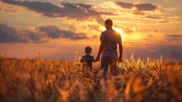 A man and child walking through a field at sunset