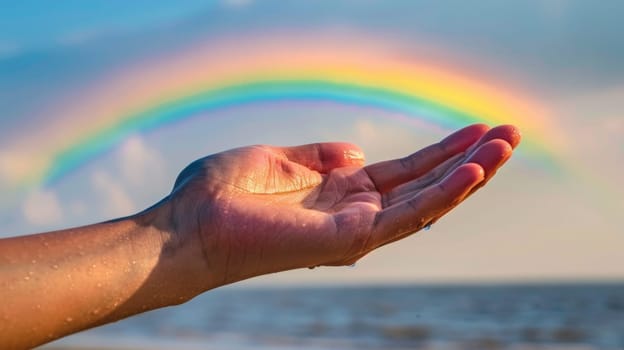 A person's hand is outstretched with a rainbow in the background