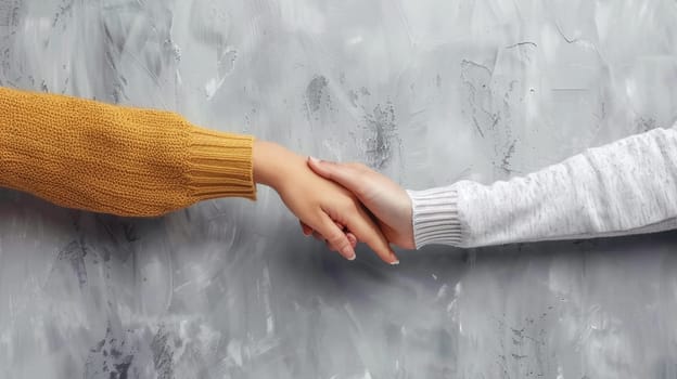 Two people are holding hands in front of a gray wall