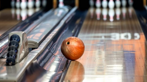 A bowling ball is sitting on the lane of a pinball machine