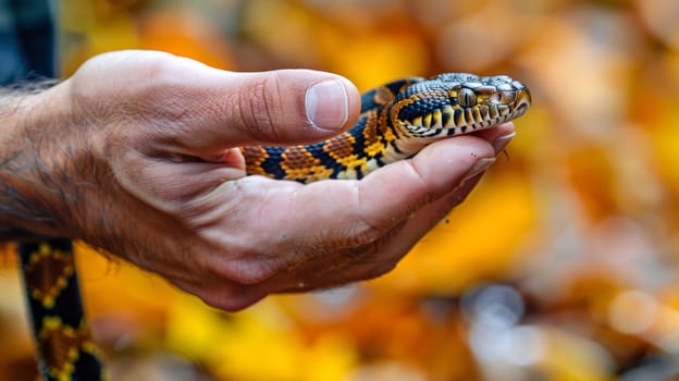A man holding a snake in his hand with yellow leaves