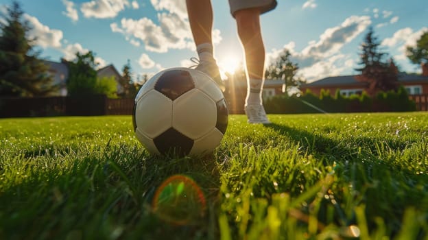 A person standing on grass with soccer ball in hand