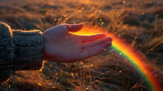A hand reaching out to a rainbow in the sky