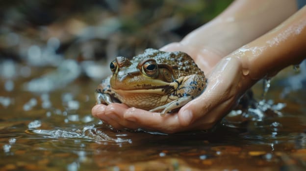 A frog sitting in a person's hands while being held over water
