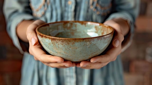 A person holding a bowl in their hands with the rim facing out
