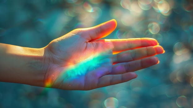 A hand with a rainbow of light shining through it