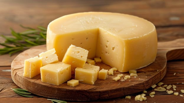 A cheese and a wooden cutting board with some pieces of cheese