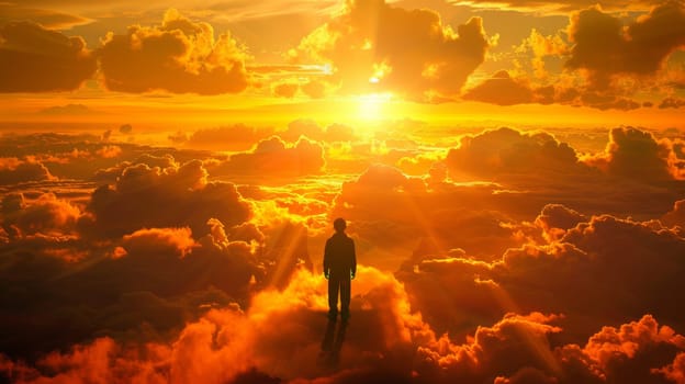 A man standing in the middle of a cloud filled sky