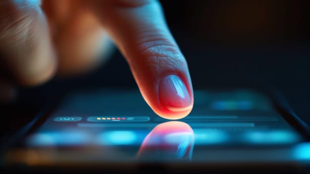 A finger on a touch screen device with the tip of it touching something