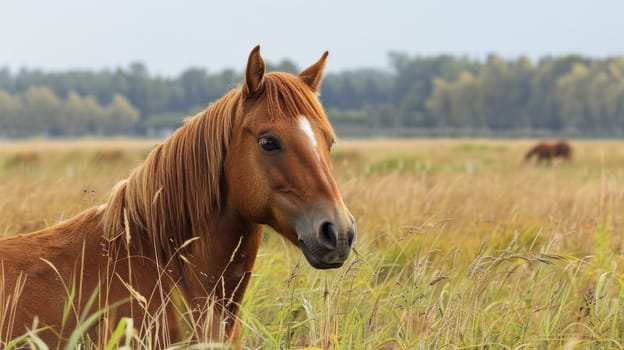 A brown horse standing in tall grass with trees behind it