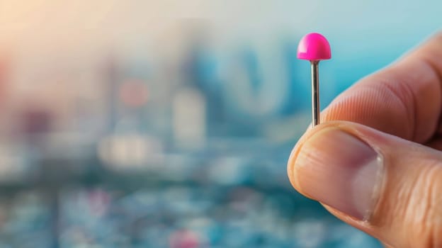A person holding a small pink pin in their hand