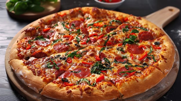 A pizza with pepperoni, olives and green peppers on a wooden board