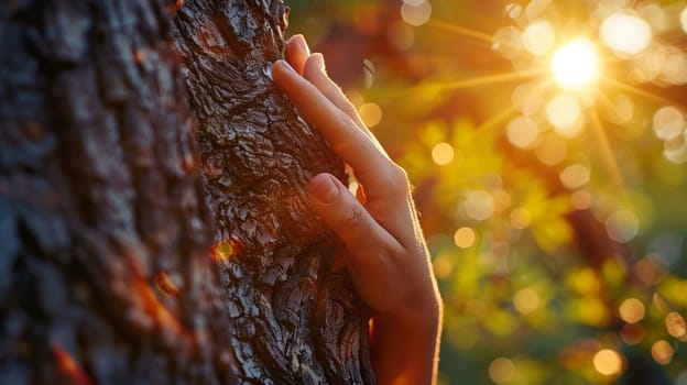 A person's hand on a tree trunk with sun shining in the background