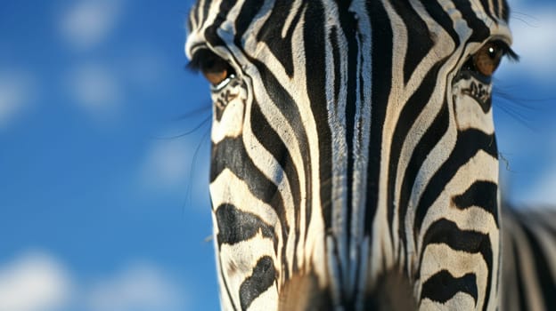 A close up of a zebra's face with the sky in background