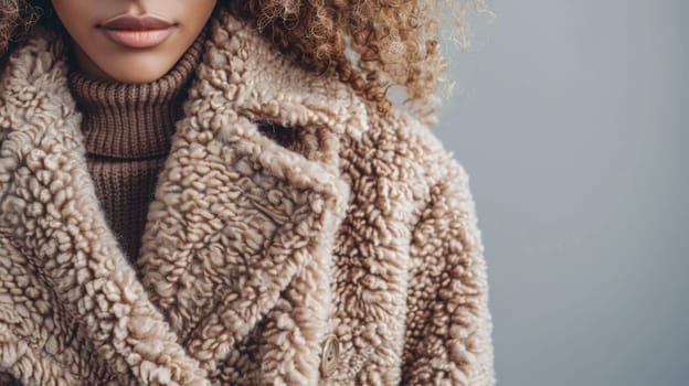 A woman with curly hair wearing a fur coat and glasses
