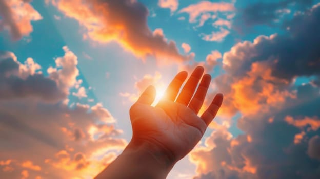 A person reaching up to the sky with their hand