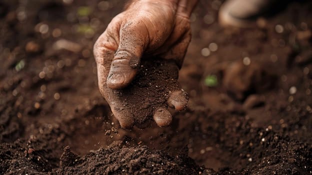 A man is digging in the dirt with his hand