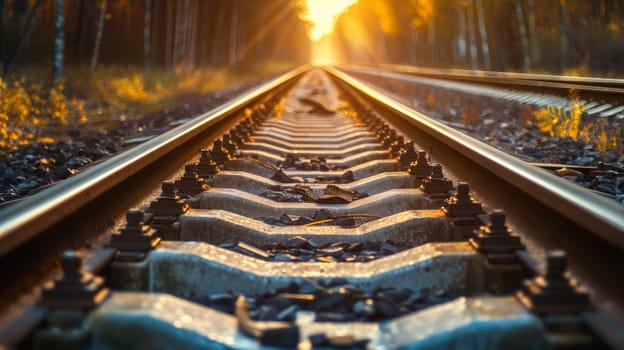 A train track with the sun shining on it and trees in background