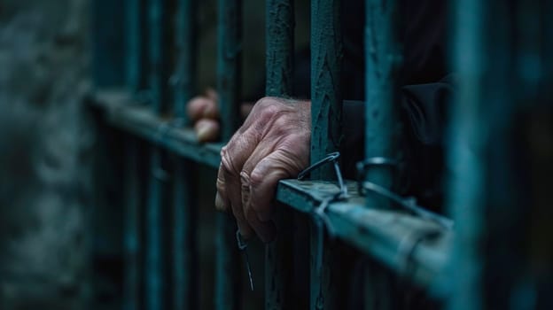 A man's hands are behind bars in a prison cell