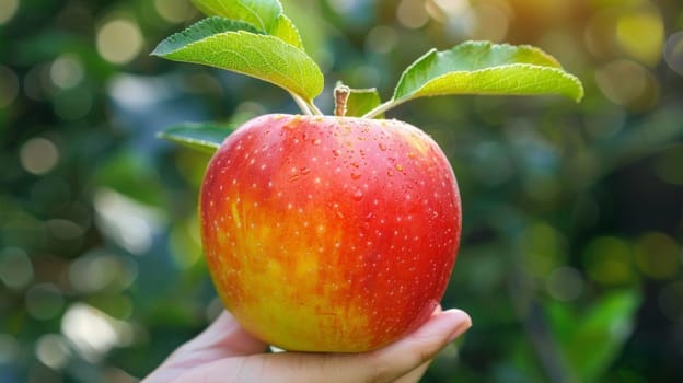 A person holding a red apple with water droplets on it
