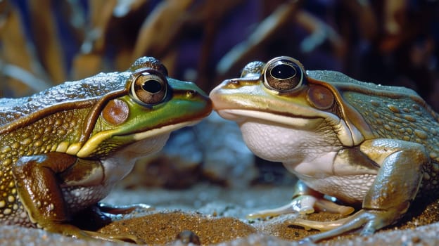 Two frogs are kissing each other in the sand