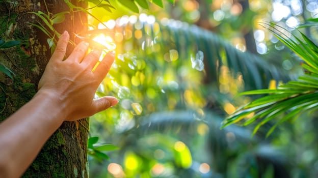 A person's hand reaching up to a tree in the jungle