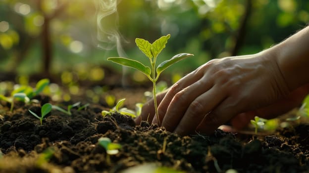 A person is planting a seed in the ground with their hand