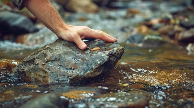A man's hand on a rock in shallow water
