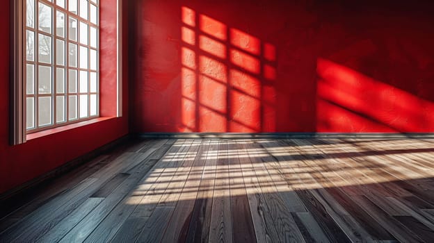 A red room with a wooden floor and sunlight coming in