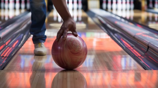 A bowling ball being held by a person in front of pins