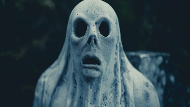 A statue of a creepy looking ghost with its mouth open
