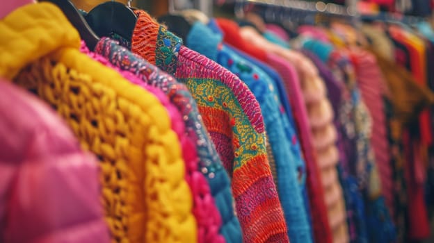 A row of colorful jackets hanging on a rack in the store