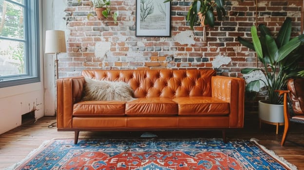 A living room with a couch, rug and plants in front of brick wall