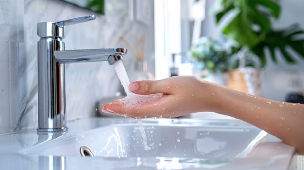 A person washing their hands in a sink with running water