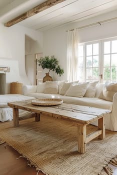 A living room with a couch, coffee table and rug