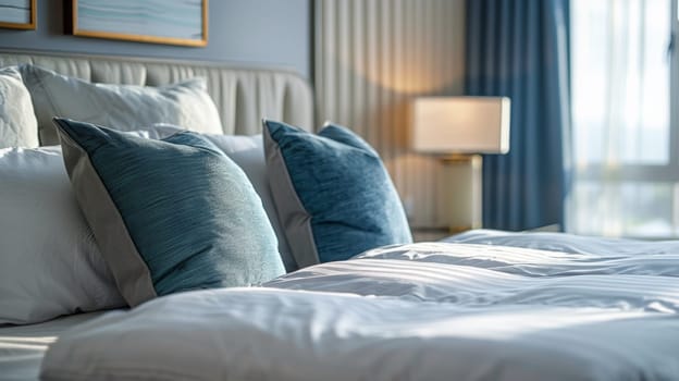 A bed with white sheets and blue pillows in a bedroom