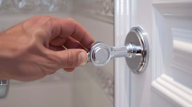 A man opening a door with his hand on the handle