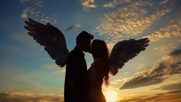 A couple kissing with angel wings in the sunset