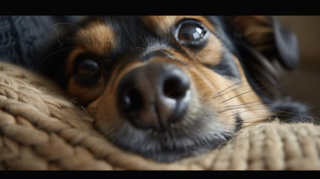 A close up of a dog laying on top of something