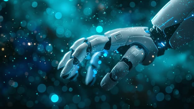 A robot hand is shown in a futuristic setting