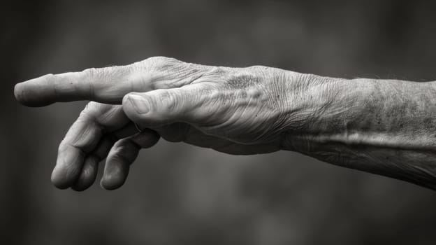 An old man's hand reaching out to touch something