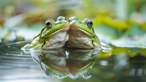 Two frogs kissing each other in the water with leaves