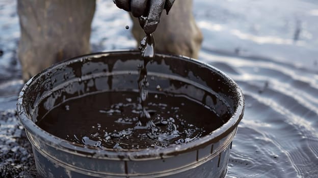 A person pouring water into a bucket in the mud
