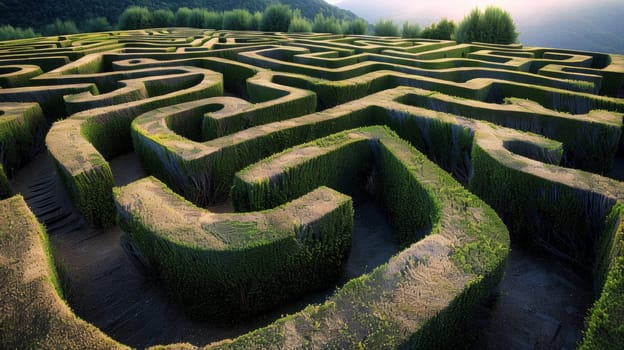 A maze of bushes with a path leading to the top