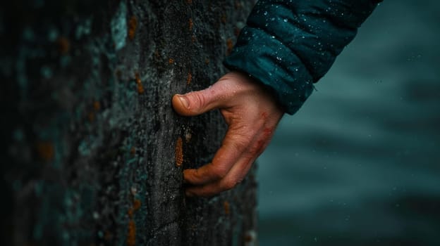 A hand reaching out to touch a rock wall in the water