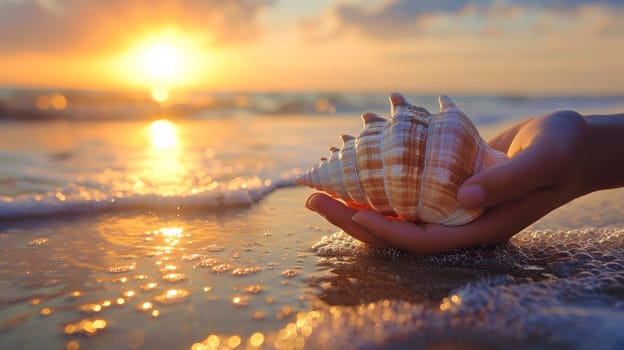 A person holding a seashell on the beach at sunset