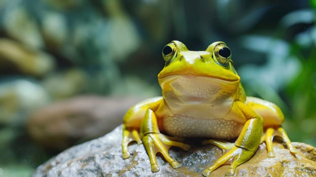 A frog sitting on a rock in the middle of some water
