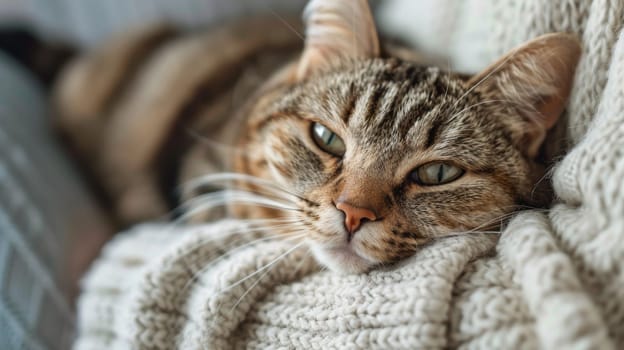 A cat laying on a blanket with its eyes closed