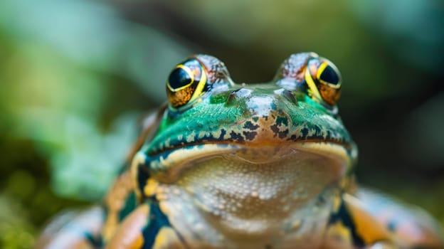 A close up of a frog with big eyes and yellow spots