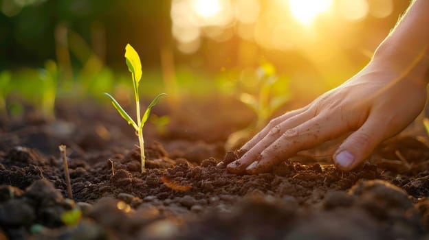 A person's hand reaching into the dirt to plant a seed